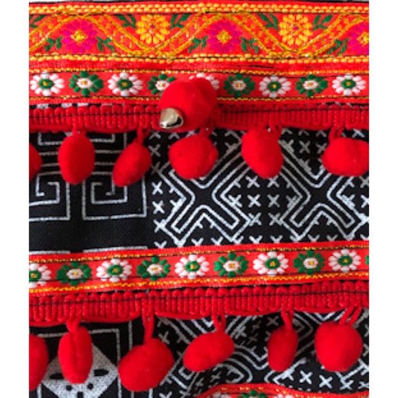Thai Free Size Black and White Boho Festival Dress With Red Pom Poms - Picture 7 of 7